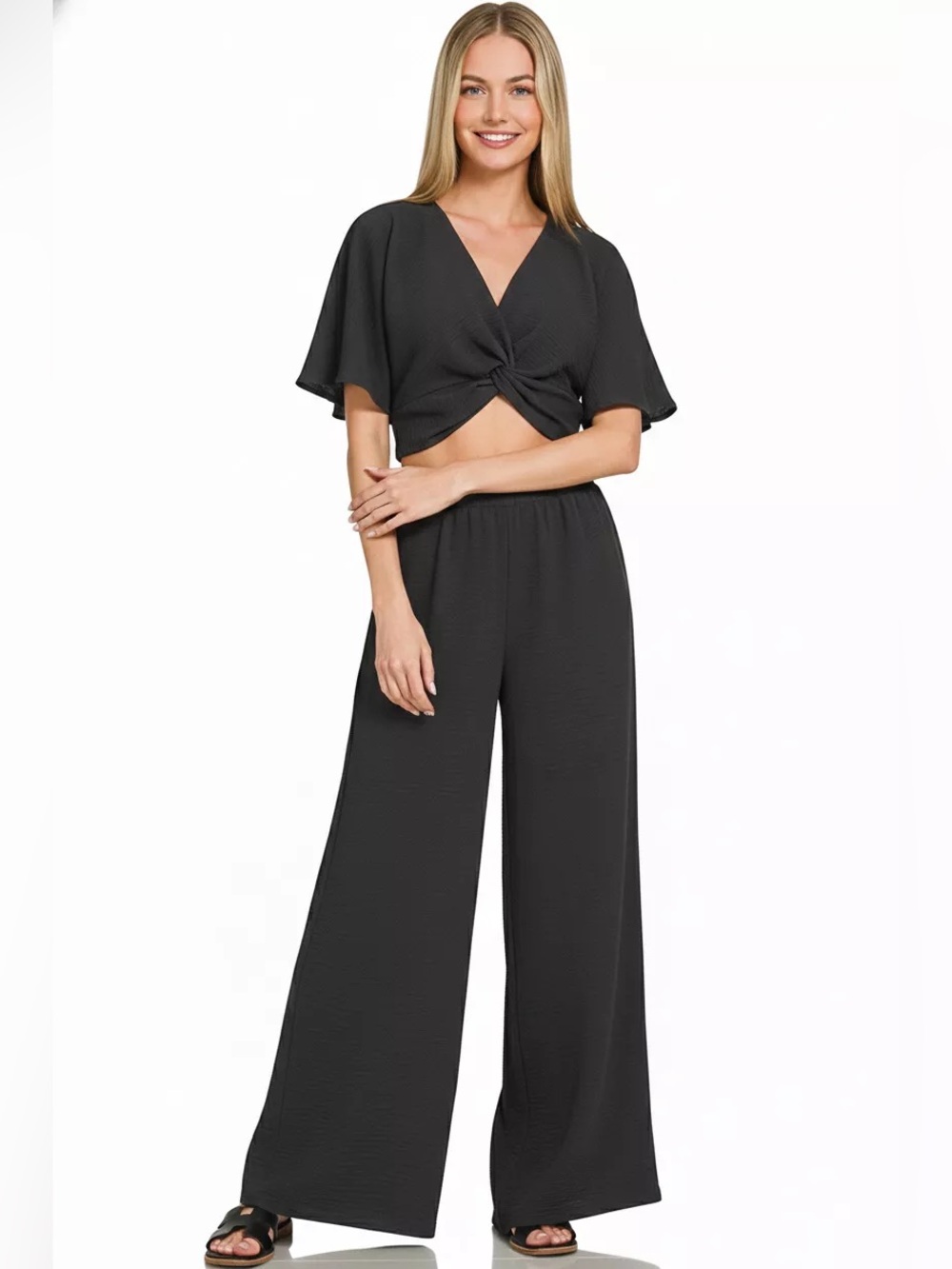 🖤 NWT Zenana Woven Airflow Twisted Top & Wide Leg Pants Set Black Large 🖤